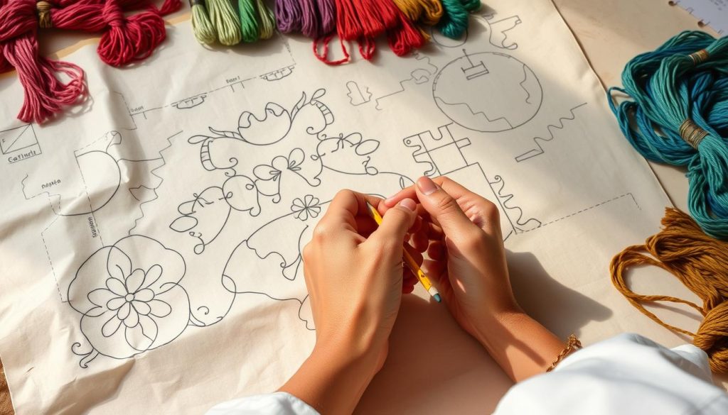 A meticulously crafted sewing pattern, its intricate lines and curves sprawled across a parchment-colored surface, surrounded by a selection of embroidery floss in a rainbow of hues. In the foreground, a pair of delicate hands carefully tracing the design with a sharp pencil, their movements precise and deliberate. The lighting is soft and natural, casting gentle shadows that accentuate the textures of the materials. The overall atmosphere is one of focused concentration and creative intent, setting the stage for the upcoming process of transferring this carefully planned design onto the fabric. A meticulously crafted sewing pattern, its intricate lines and curves sprawled across a parchment-colored surface, surrounded by a selection of embroidery floss in a rainbow of hues. In the foreground, a pair of delicate hands carefully tracing the design with a sharp pencil, their movements precise and deliberate. The lighting is soft and natural, casting gentle shadows that accentuate the textures of the materials. The overall atmosphere is one of focused concentration and creative intent, setting the stage for the upcoming process of transferring this carefully planned design onto the fabric.