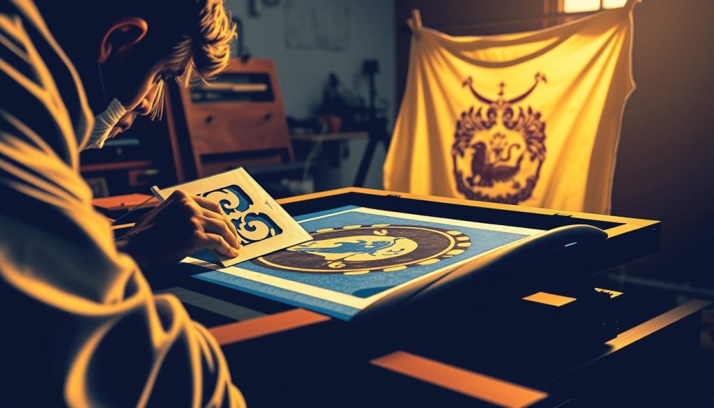 A meticulously detailed illustration of the screen printing process, showcasing the intricate steps involved. In the foreground, a skilled artisan carefully aligns and secures a stencil onto a vibrant fabric. The middle ground reveals the ink being methodically applied through the stencil, creating a bold, graphic design. In the background, the finished print emerges, drying under warm, directional lighting that casts dramatic shadows, highlighting the texture and vibrancy of the ink. The scene conveys the precision, craftsmanship, and artistry inherent in the screen printing technique. A meticulously detailed illustration of the screen printing process, showcasing the intricate steps involved. In the foreground, a skilled artisan carefully aligns and secures a stencil onto a vibrant fabric. The middle ground reveals the ink being methodically applied through the stencil, creating a bold, graphic design. In the background, the finished print emerges, drying under warm, directional lighting that casts dramatic shadows, highlighting the texture and vibrancy of the ink. The scene conveys the precision, craftsmanship, and artistry inherent in the screen printing technique.