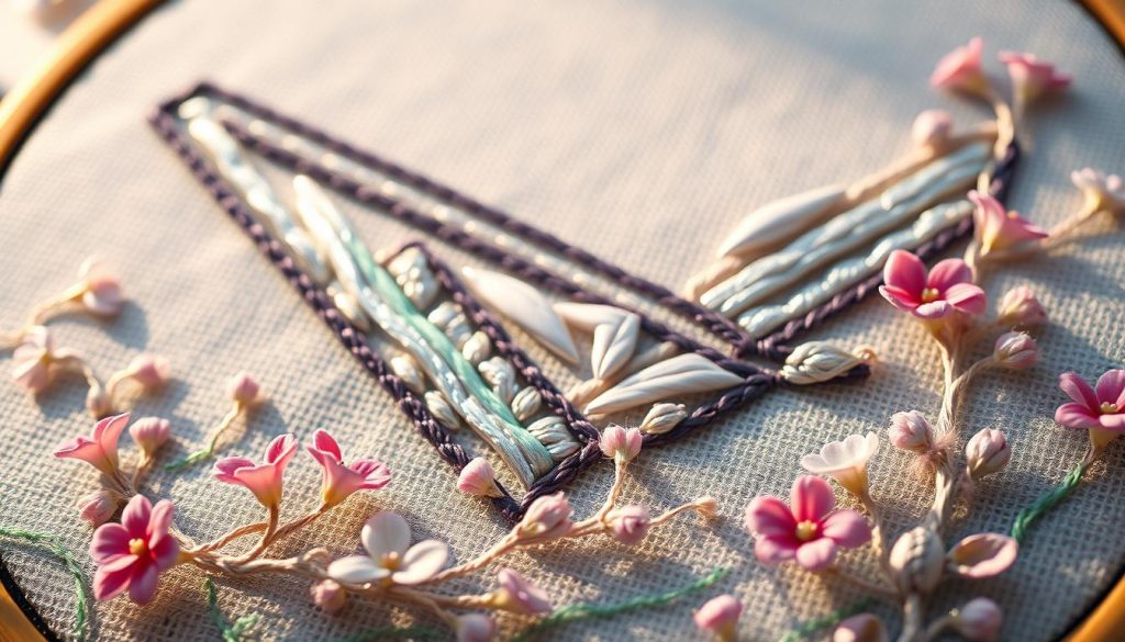 A modern embroidery masterpiece, showcasing intricate stitches and vibrant colors. In the foreground, a delicate floral pattern with delicate vines and petals in shades of pink, lavender, and mint. The middle ground reveals an abstract geometric design, with clean lines and sharp angles in a mix of metallic and muted tones. The background is a soft, hazy gradient, evoking a sense of depth and ethereal elegance. Lit by warm, directional lighting that casts subtle shadows, highlighting the textural quality of the embroidery. Captured with a shallow depth of field, creating a visually stunning and technically impressive display of contemporary embroidery craftsmanship.