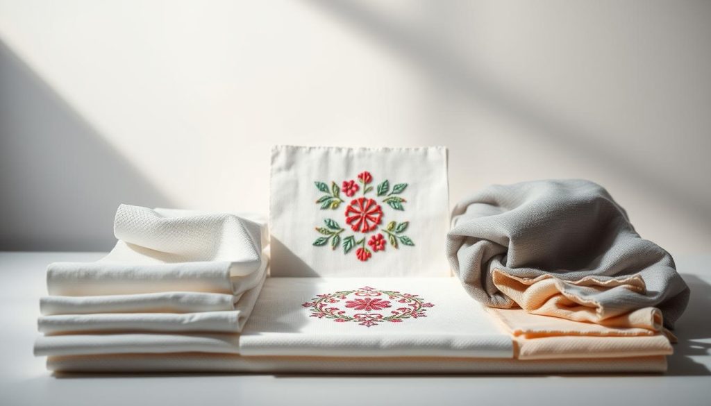 A neatly arranged composition showcasing various types of embroidery stabilizers. In the foreground, a selection of stabilizer fabrics in different textures and colors, such as water-soluble, tear-away, and fusible varieties. The middle ground features a hand-embroidered swatch, highlighting the importance of stabilizers in maintaining the integrity and shape of intricate stitchwork. The background depicts a softly lit, minimalist studio setting, emphasizing the technical nature of the subject. Dramatic side lighting casts shadows that accentuate the dimensional qualities of the stabilizers, creating a sense of depth and three-dimensionality. The overall mood is one of precision, attention to detail, and the essential role of embroidery stabilizers in the creative process.