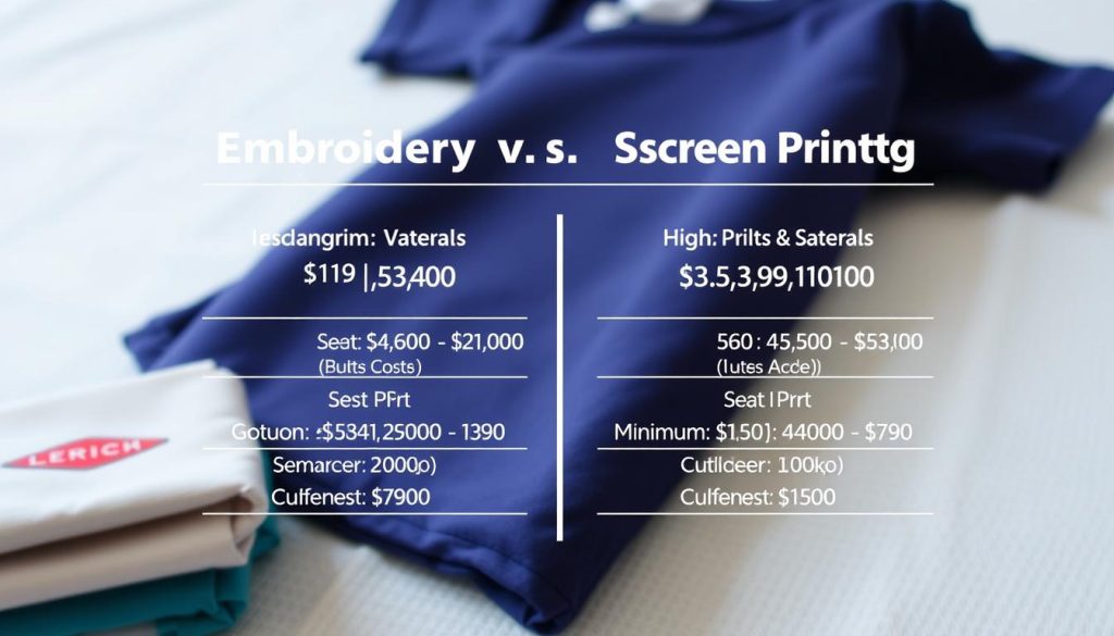 A precise, data-driven cost comparison chart depicting the relative expenses of embroidery and screen printing techniques. The foreground showcases sample garments and materials, with clear numerical breakdowns for unit costs, setup fees, and minimum order quantities. The middle ground features a side-by-side visual analysis, using clean infographic elements to highlight the key differences. The background subtly evokes a fabric or textile pattern, reinforcing the thematic connection. Bright, even lighting illuminates the scene, captured with a wide-angle lens to provide comprehensive context. The overall mood is informative yet visually engaging, striking a balance between analytical precision and design aesthetics. A precise, data-driven cost comparison chart depicting the relative expenses of embroidery and screen printing techniques. The foreground showcases sample garments and materials, with clear numerical breakdowns for unit costs, setup fees, and minimum order quantities. The middle ground features a side-by-side visual analysis, using clean infographic elements to highlight the key differences. The background subtly evokes a fabric or textile pattern, reinforcing the thematic connection. Bright, even lighting illuminates the scene, captured with a wide-angle lens to provide comprehensive context. The overall mood is informative yet visually engaging, striking a balance between analytical precision and design aesthetics.
