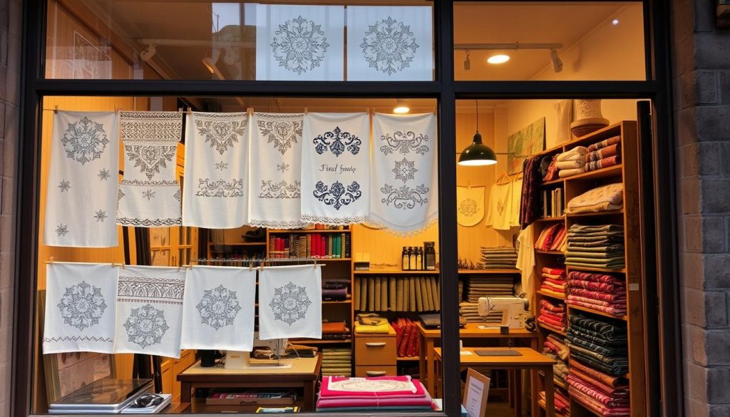 A quaint storefront window showcases an array of intricate embroidered designs, with delicate floral patterns and geometric motifs. The interior of the shop is warmly lit, inviting passersby to step inside and explore the craftsmanship of local artisans. Bolts of vibrant fabrics line the shelves, while sewing machines and embroidery hoops hint at the meticulous work happening behind the scenes. The shop's cozy atmosphere and the dedication of its skilled embroiderers create a sense of artistic authenticity, making it a must-visit destination for those seeking the best in local textile arts.