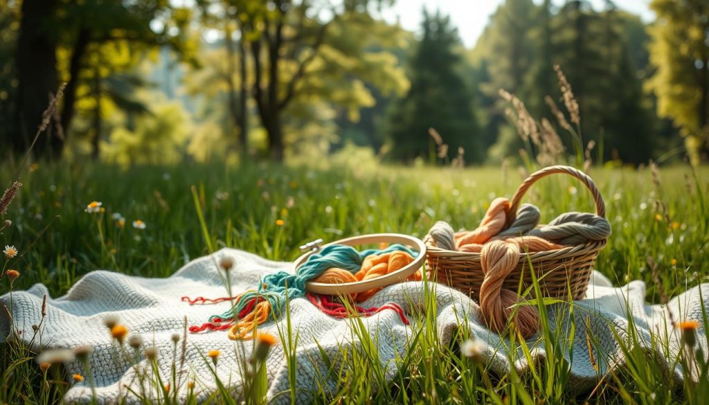 A serene, sun-dappled meadow, with delicate wildflowers blooming in the foreground. In the center, an embroidery hoop sits upon a soft, hand-woven blanket, threads of vibrant hues spilling out. Nearby, a basket overflows with skeins of embroidery floss in a rainbow of colors. Gently diffused natural light filters through the swaying grass, casting a warm, therapeutic glow. In the distance, a tranquil forest beckons, its lush canopy providing a soothing backdrop. The overall scene exudes a sense of mindfulness, creative renewal, and the calming benefits of the fiber arts.