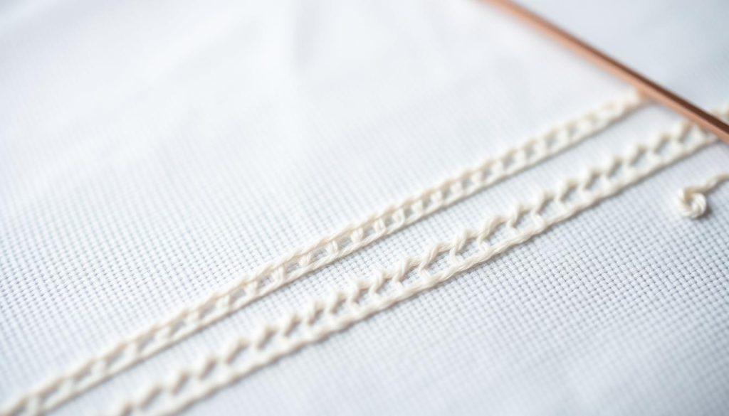 A set of classic embroidery stitches arranged on a clean, white background. The stitches are finely detailed, showcasing the intricate textures and patterns of traditional needlework. The lighting is soft and diffused, highlighting the delicate nature of the threads. The composition features the stitches in the foreground, with a slightly blurred, neutral backdrop to draw the viewer's attention. The overall mood is one of elegance, craftsmanship, and the timeless beauty of hand-stitched textiles.