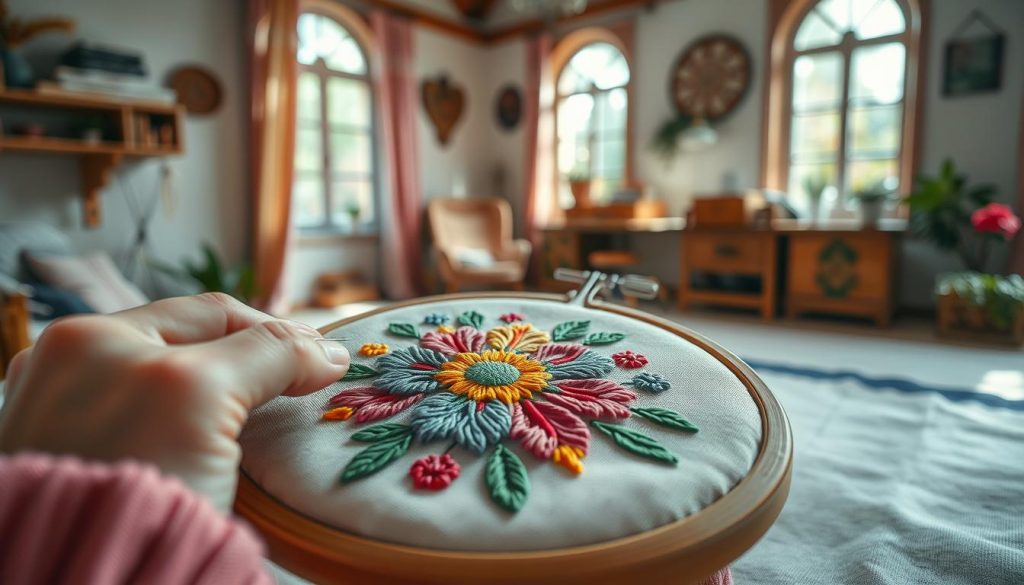 A vibrant and detailed embroidery scene, showcasing the benefits of the craft. In the foreground, a skilled artisan's hands delicately manipulate a fabric canvas, the needle gliding through the threads with precision. The middle ground features an array of colorful, intricate stitches forming a captivating floral pattern. The background depicts a cozy, well-lit studio, with natural light streaming in through large windows, illuminating the artistry. The overall mood is one of tranquility, focus, and the joy of creating something beautiful by hand. The image conveys the timeless elegance, durability, and personalized nature of embroidered textiles.