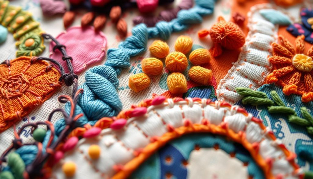 A vibrant, close-up image of intricate appliqué embroidery, showcasing a patchwork of upcycled screen print fabric scraps. The foreground features delicate stitches in a variety of colors, textures, and patterns, creating a visually captivating, sustainable textile art piece. The middle ground highlights the seamless integration of the embroidered elements with the underlying screen print materials, emphasizing the synergy between the two techniques. The background is softly blurred, allowing the embroidered appliqué to take center stage and be the focal point of the image, captured under natural, warm lighting that accentuates the depth and dimension of the work. The overall mood is one of artisanal craftsmanship, environmental consciousness, and the beauty that can emerge from repurposing and upcycling.