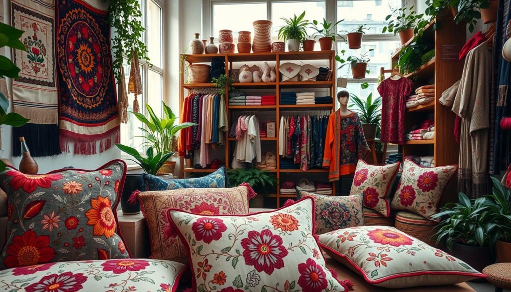 A vibrant, locally-sourced embroidery display in a cozy, well-lit studio. In the foreground, intricate floral patterns in rich, earthy tones adorn a set of handmade cushions and wall hangings. The middle ground showcases a diverse collection of embroidered apparel and accessories, each piece a unique work of art. In the background, a rustic wooden shelving unit displays a curated selection of embroidery supplies, complemented by lush potted plants and natural lighting filtering in through large windows. The overall atmosphere exudes a sense of warmth, creativity, and the celebration of local, handcrafted talent. A vibrant, locally-sourced embroidery display in a cozy, well-lit studio. In the foreground, intricate floral patterns in rich, earthy tones adorn a set of handmade cushions and wall hangings. The middle ground showcases a diverse collection of embroidered apparel and accessories, each piece a unique work of art. In the background, a rustic wooden shelving unit displays a curated selection of embroidery supplies, complemented by lush potted plants and natural lighting filtering in through large windows. The overall atmosphere exudes a sense of warmth, creativity, and the celebration of local, handcrafted talent.