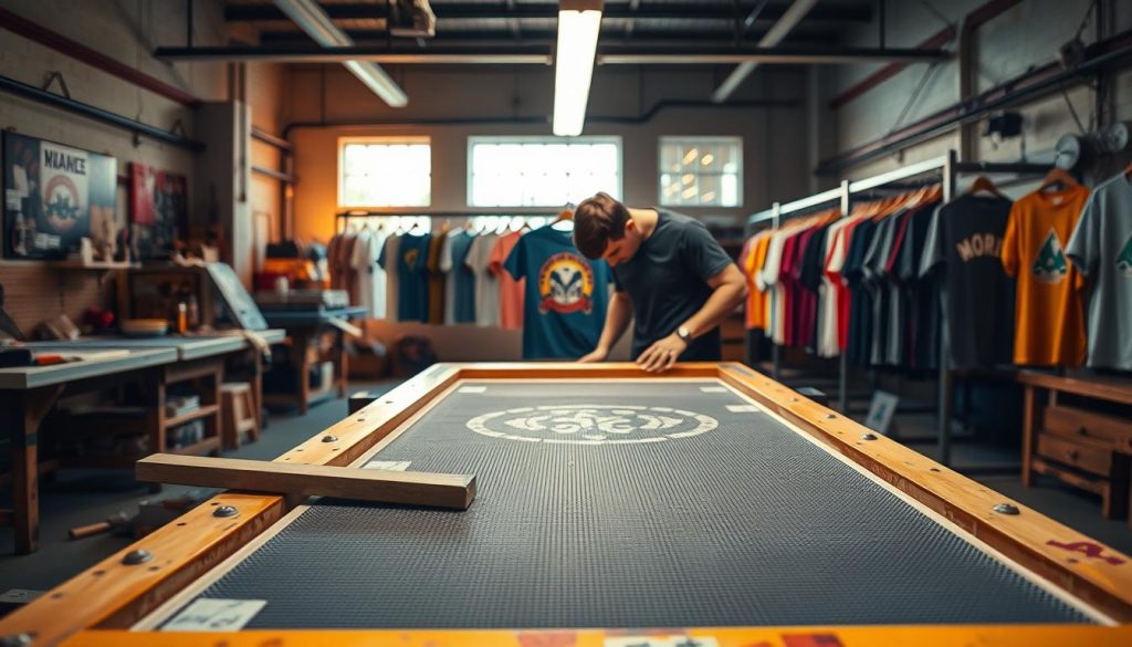A vibrantly lit workshop interior, with a professional screen printing setup in the foreground. Ink-stained workbenches, a large squeegee, and a mesh screen frame stand out in crisp detail. In the middle ground, an artisan carefully aligns a design onto the fabric, ready to pull the squeegee across the screen. The background reveals racks of freshly printed garments, showcasing the vibrant, long-lasting colors and patterns achieved through the screen printing process. Warm, directional lighting casts dramatic shadows, highlighting the technical precision and hands-on craftsmanship of this time-honored printing technique.