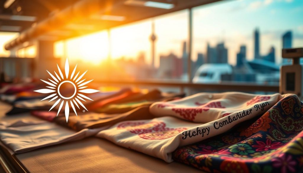 A well-designed, visually striking logo stands prominently in the foreground, radiating a sense of professional craftsmanship and brand identity. In the middle ground, an array of embroidered apparel and textile samples showcase intricate patterns and vibrant colors, highlighting the quality and versatility of the embroidery services on offer. The background features a softly blurred cityscape, suggesting a thriving business environment and a reputable, established brand. Warm, directional lighting illuminates the scene, creating depth and emphasizing the textures and details of the products. The overall composition conveys a harmonious balance of design, branding, and durability - the hallmarks of exceptional embroidery services.