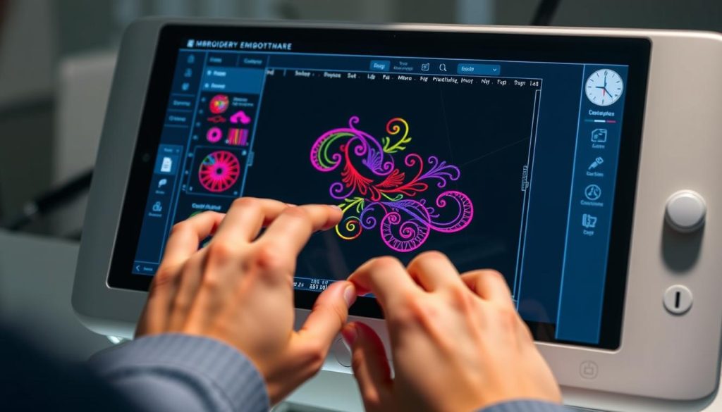 A well-lit, high-resolution close-up view of an elegant, modern embroidery digitizing software interface. The screen displays a colorful, intricate digital embroidery design in progress, with precise stitches and vibrant thread colors. The user's hands are visible, expertly navigating the software's intuitive tools and menus. The interface is clean, minimalist, and streamlined, with clear icons and a responsive, touch-friendly layout. The overall atmosphere is one of precision, creativity, and the seamless integration of digital technology with the age-old craft of embroidery.