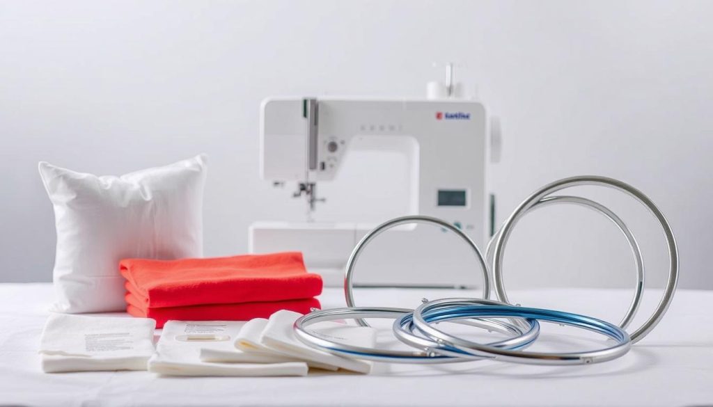 A well-lit studio scene depicting a selection of sewing machine stabilizers and hoops in the foreground, arranged neatly on a clean, white backdrop. The stabilizers should be shown in a variety of common types and sizes, including cutaway, tear-away, and water-soluble varieties, conveying the essential tools for preparing fabric for perfect embroidery results. The middle ground should feature a high-quality sewing machine in soft focus, hinting at the role of these stabilizers in the embroidery process. The background should have a subtle, harmonious gradient to direct the viewer's attention to the foreground elements. The overall mood should be one of professional craftsmanship and attention to detail, reflecting the instructional nature of the article.