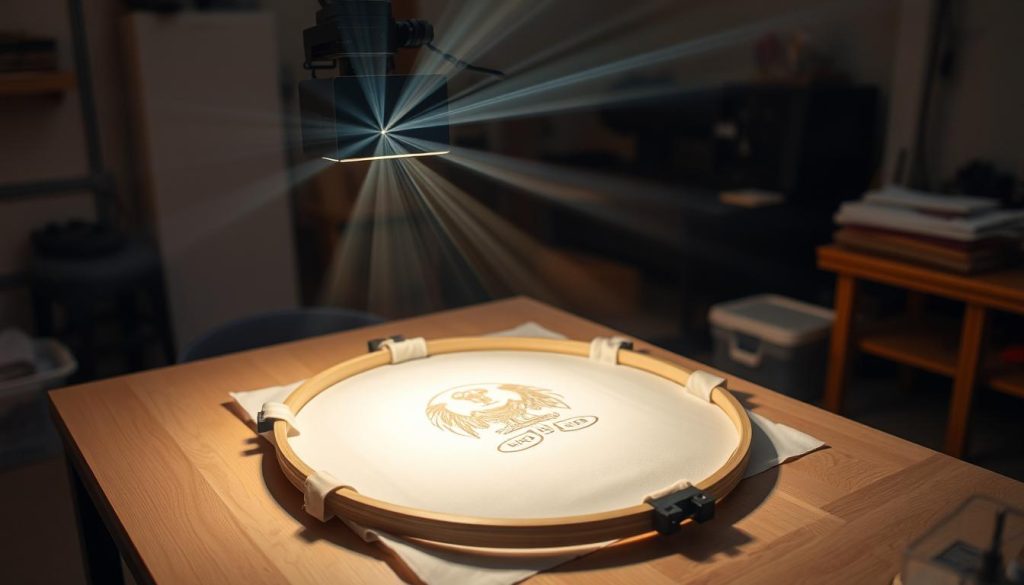 A well-lit workshop table with a precision projector mounted at a slight angle, its lens focused intently on a garment hoop positioned below. The hoop's fabric is taut, its edges firmly secured, creating a pristine canvas. Beams of light emanate from the projector, casting a sharp, crisp image onto the fabric, guiding the placement of an intricate embroidery design. The workshop is bathed in a warm, diffused lighting, lending an air of focus and intent to the scene. The projector's controls are visible, allowing for fine-tuning of the alignment, ensuring a perfect fit between the projected image and the fabric. The overall atmosphere conveys a sense of technical mastery and the careful preparation required for merging screen printing and embroidery techniques.