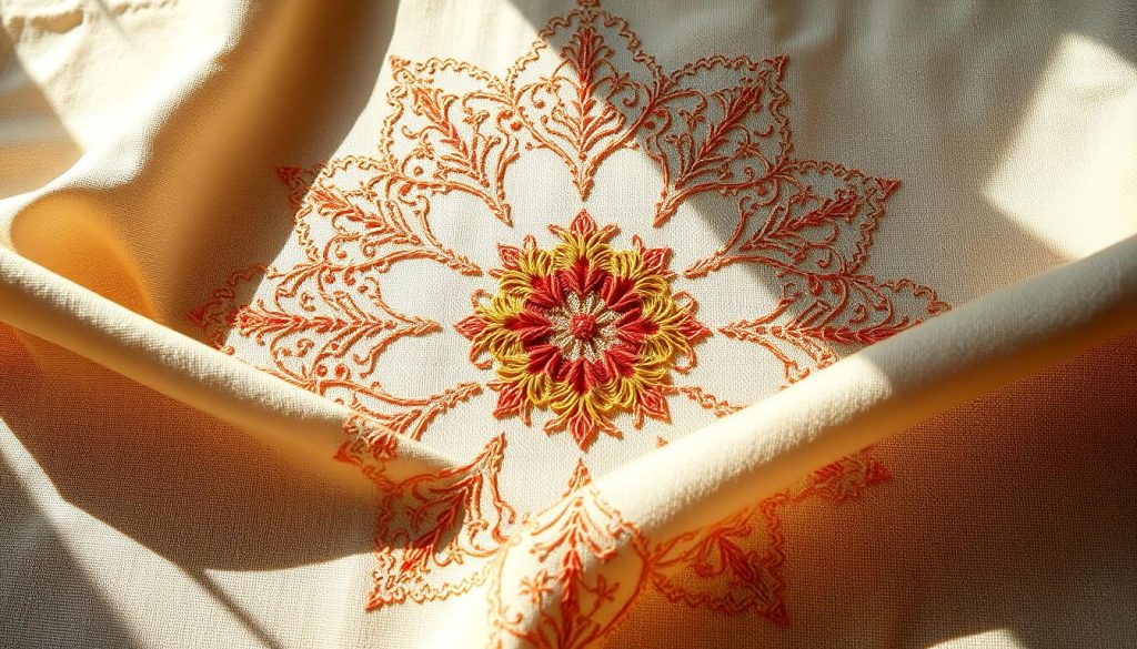 An intricately patterned embroidery design unfolds, showcasing a vibrant floral motif against a soft, muted background. The stitches are rendered with exquisite precision, creating a sense of depth and dimension. The composition is balanced, with the main design occupying the central focus, surrounded by subtle gradients and textures that draw the eye inward. Warm, natural lighting illuminates the scene, casting gentle shadows and highlights that accentuate the intricate details of the embroidery. The overall effect is one of elegance, craftsmanship, and artistic expression, perfectly suited to illustrate the section on choosing designs and colors to control project difficulty.