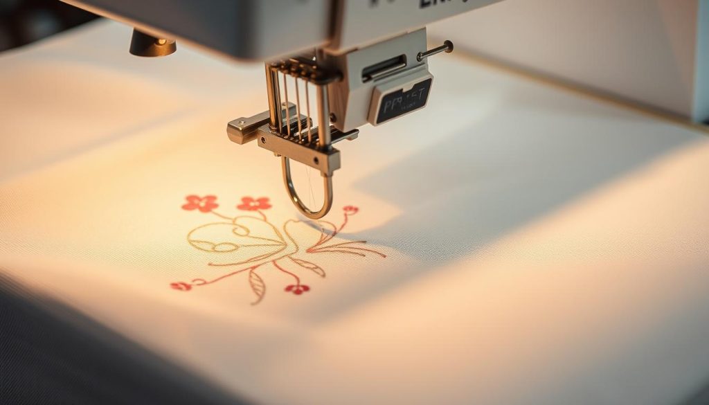 Detailed close-up of an embroidery machine in action, capturing the intricate dance of needles, threads, and fabric. Showcase the smooth, rhythmic motion of the machine as it precisely stitches a complex floral pattern, with a soft, diffused lighting creating a warm, focused atmosphere. Emphasize the delicate textures of the threads and the subtle sheen of the fabric, conveying the meticulous craftsmanship of the embroidery process. Highlight the precise alignment of the design, the tension and flow of the threads, and the seamless integration of the various embroidery components, all working in harmony to create a stunning, high-quality embroidered piece.