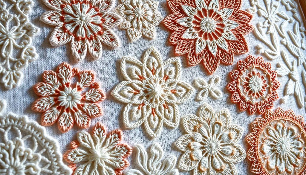 Detailed embroidery patterns arranged in a harmonious composition, showcasing a range of intricate stitches and textures. Delicate floral motifs and geometric designs intertwine, creating a visually captivating tapestry. The patterns are illuminated by soft, diffused lighting, casting subtle shadows and highlights that accentuate the depth and dimensionality of the embroidered elements. The image is captured at a medium-close angle, allowing the viewer to appreciate the intricate details and the skilled craftsmanship of the embroidery work. The overall mood is one of elegance, creativity, and the timeless beauty of this traditional textile art form.