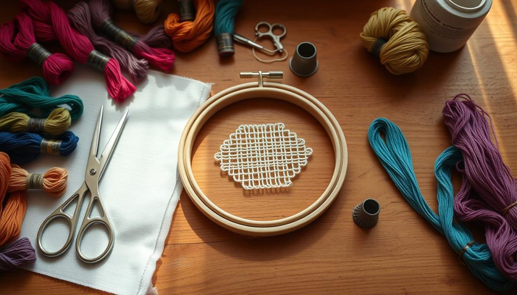 Embroidery supplies neatly arranged on a wooden table, with soft, natural lighting illuminating the scene. Vibrant skeins of colorful thread, a pair of sharp embroidery scissors, a thimble, and a hoop with a partially completed pattern in the center. The composition highlights the essential tools needed for sewing-machine embroidery, creating a warm, inviting atmosphere that encourages the viewer to imagine the creative process. The scene is captured from a slightly elevated angle, providing a comprehensive overview of the materials while maintaining a sense of intimacy and attention to detail. Embroidery supplies neatly arranged on a wooden table, with soft, natural lighting illuminating the scene. Vibrant skeins of colorful thread, a pair of sharp embroidery scissors, a thimble, and a hoop with a partially completed pattern in the center. The composition highlights the essential tools needed for sewing-machine embroidery, creating a warm, inviting atmosphere that encourages the viewer to imagine the creative process. The scene is captured from a slightly elevated angle, providing a comprehensive overview of the materials while maintaining a sense of intimacy and attention to detail.