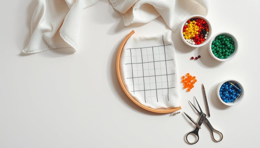Foundations for bead embroidery: a close-up view of a well-organized, minimalist workstation. On a clean white table, an array of essential supplies neatly arranged - a wooden hoop, a piece of fabric with a pattern grid, a selection of colorful seed beads in small dishes, and precision sewing tools. Soft, even lighting from above casts subtle shadows, highlighting the textures and creating a sense of focus and attention to detail. The overall composition conveys a professional, meticulous approach to the craft, inspiring confidence in the viewer's ability to achieve flawless, high-quality bead embroidery results.
