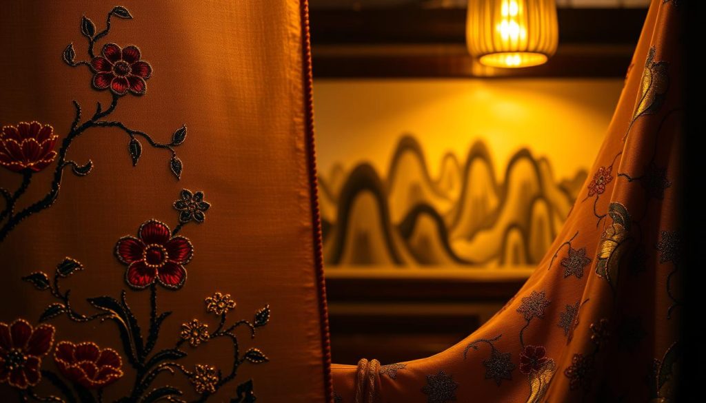 Intricate Chinese embroidery in a dimly lit, atmospheric setting. The foreground features a delicate silk tapestry showcasing vibrant floral patterns, shimmering with metallic thread accents. The middle ground reveals a traditional Chinese brush painting backdrop, with ink-washed mountains and cascading waterfalls. Warm, golden lighting illuminates the scene, casting a soft, ethereal glow. The overall composition evokes a sense of historical elegance and cultural heritage, capturing the essence of this centuries-old artistic tradition.