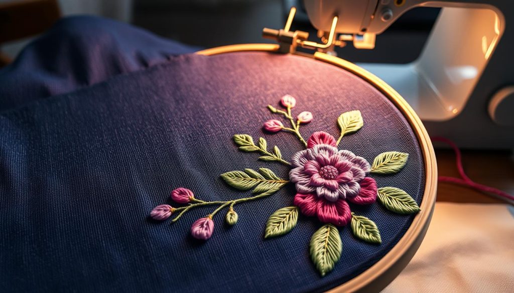 Intricate custom embroidery design on a midnight blue linen canvas, capturing the essence of a practical step-by-step workflow. In the foreground, a delicate floral pattern with vibrant threads in shades of pink, lilac, and sage green. In the middle ground, the embroidery hoop holding the canvas, casting warm, directional lighting across the threads. In the background, the blurred silhouette of a sewing machine, hinting at the transformation from artistic vision to machine execution. The image exudes a sense of focus, craftsmanship, and the seamless integration of manual and digital processes.