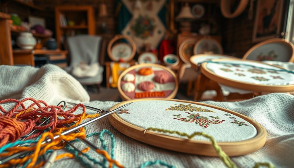 Intricate embroidery projects unfold against a warm, rustic backdrop. In the foreground, a collection of colorful yarns, needles, and delicate chain stitches take shape, hinting at the artistry and skill required. Soft natural lighting casts a gentle glow, highlighting the texture and depth of the fabric. In the middle ground, a patchwork of embroidered patterns emerges, showcasing the versatility of the chain stitch technique. The background features a cozy, inviting workspace, with wooden surfaces and an array of embroidery hoops, creating a sense of tranquility and focus. This scene captures the practical considerations and unique beauty of embarking on an embroidery project with the chain stitch.