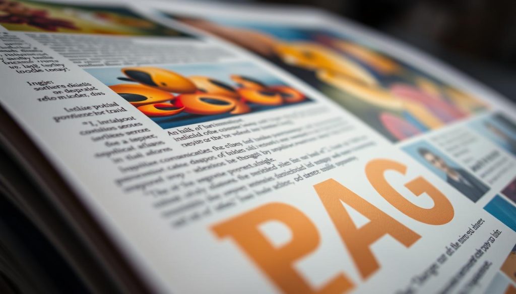 Photorealistic printing showcasing vibrant, high-quality graphics. A crisp, close-up view of a printed page reveals intricate details, sharp text, and vivid colors. The image is lit from an angle, creating subtle shadows and highlights that accentuate the texture of the paper and the precision of the printing process. The depth of field is shallow, keeping the main subject in focus while blurring the background to draw the viewer's attention. The overall mood is one of technical excellence, showcasing the advantages of printing for vibrant, impactful visuals.